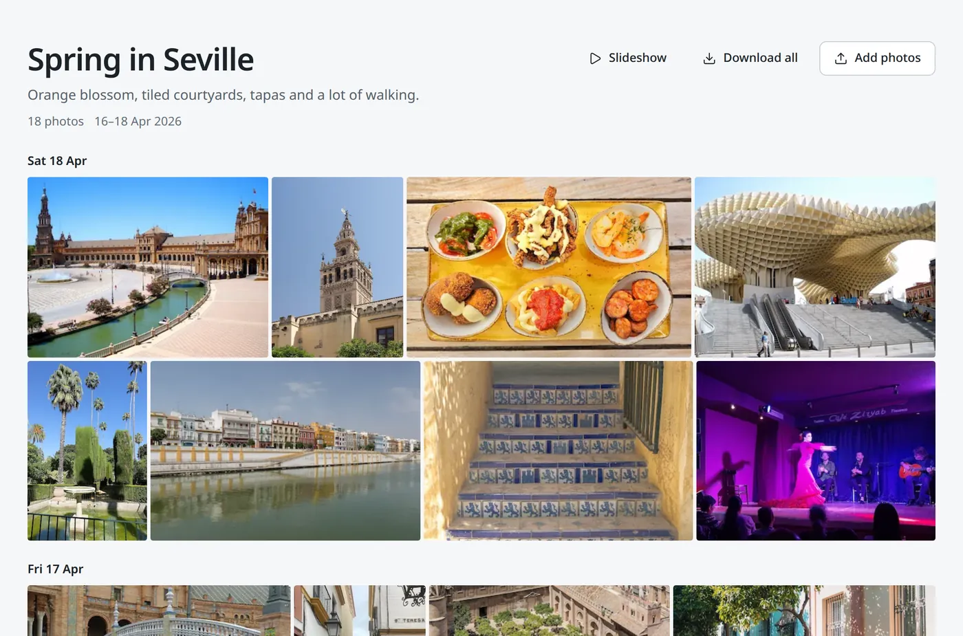 A shared album called Spring in Seville, open in a browser: holiday photos grouped by day.